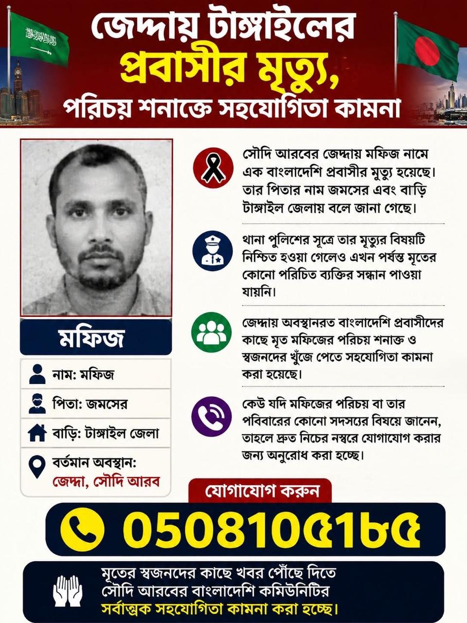 জেদ্দায় টাঙ্গাইলের প্রবাসীর মৃত্যু, পরিচয় শনাক্তে সহযোগিতা কামনা